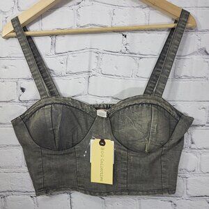 B.O.G. Collective Corset Bustier Top Size L Gray‎ Crop Denim Smocked Back NWT